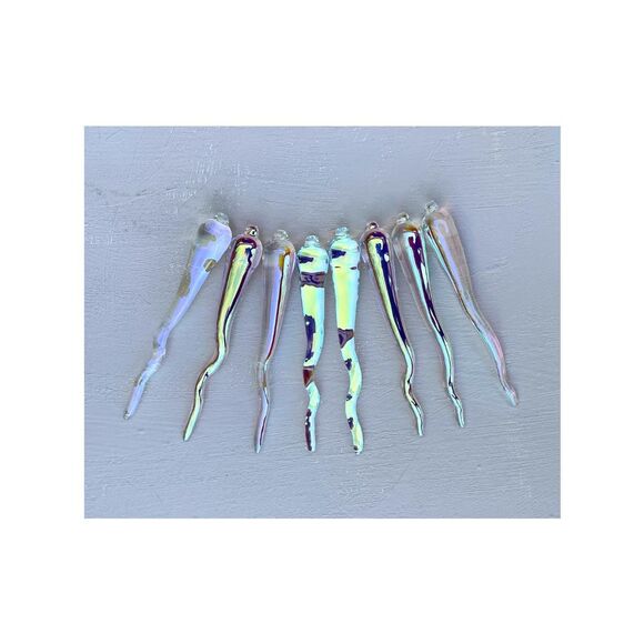Set of 8 Handmade 6" Iridized Clear Glass Icicle Ornaments - Picture 2 of 10